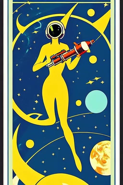 Image similar to art nouveau art deco travel poster. astronaut lady with a raygun in outer space, alien planets, framed poster