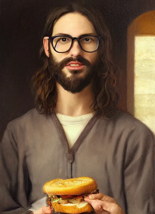 Prompt: realistic portrait of danny mondello eating a sandwich, guy with glasses long brown hair and a little facial hair goatee, renaissance photorealistic portrait painting, highly detailed, greg rutkowski, beautiful light