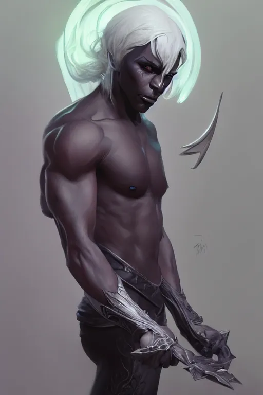 Image similar to A handsome Drow, highly detailed, digital painting, artstation, concept art, smooth, sharp focus, illustration, Unreal Engine 5, 8K, art by artgerm and greg rutkowski and Alphonse Mucha