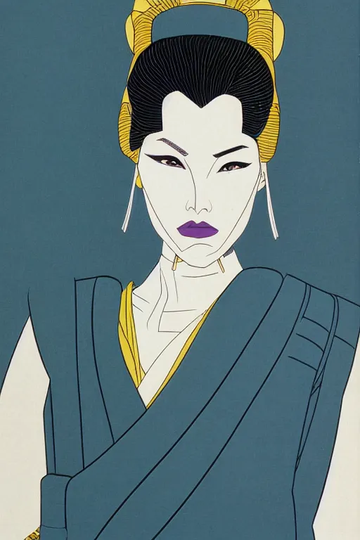 Prompt: 1 9 8 0 s glamour fashion portrait of neo - samurai woman, highly detailed, symmetrical details, flat shading, outlines, by patrick nagel
