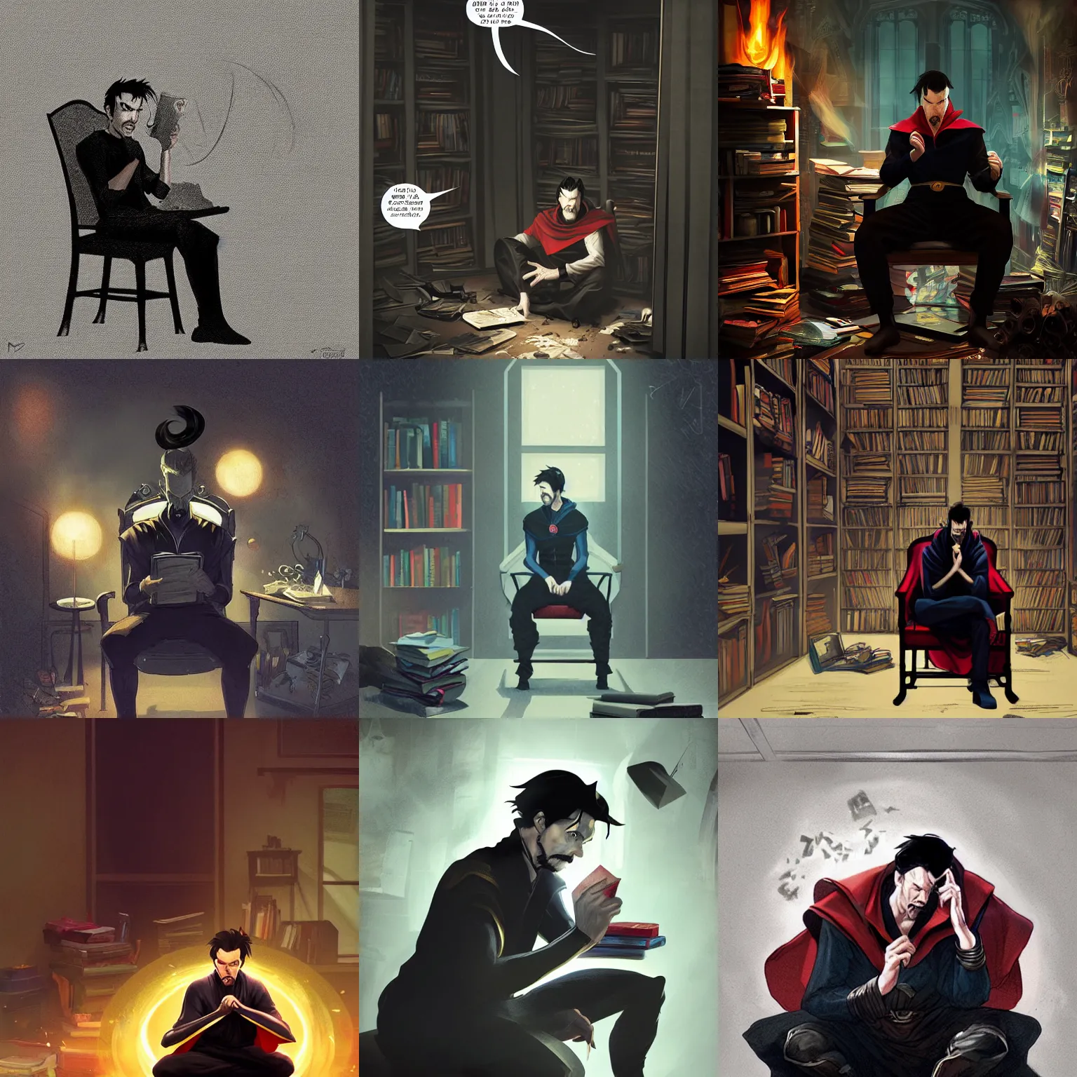 Prompt: dr strange dressed in a black shirt and black pants, sitting alone in his room in a large chair, books messy about the room, sad, somber, airbrush render, by Ross Tran, Makoto Shinkai