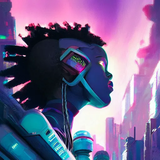 Image similar to a black girl flying through the synthwave city with a rocketpack in a cyberpunk style by greg rutkowski and android jones, oil on canvas