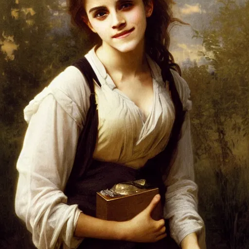 Image similar to Painting of Emma Watson as Hermione Granger. Smiling. Happy. Cheerful. Art by william adolphe bouguereau. Extremely detailed. Beautiful. 4K. Award winning.