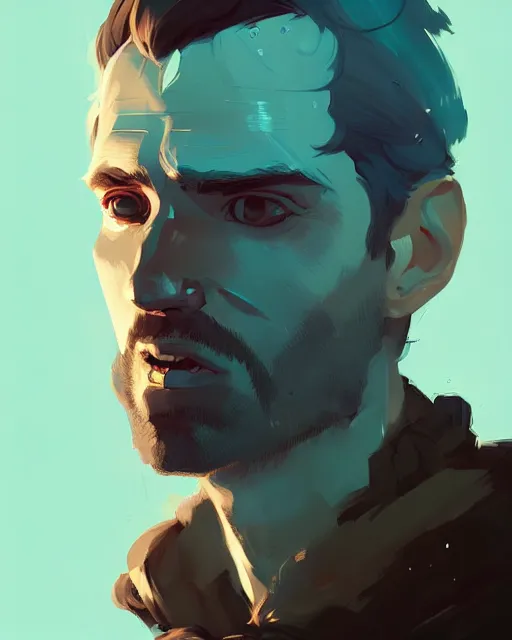 Prompt: portrait of 3 0 years old man from witcher by atey ghailan, by greg rutkowski, by greg tocchini, by james gilleard, by joe fenton, by kaethe butcher, dynamic lighting, gradient light blue, brown, blonde cream and white color scheme, grunge aesthetic