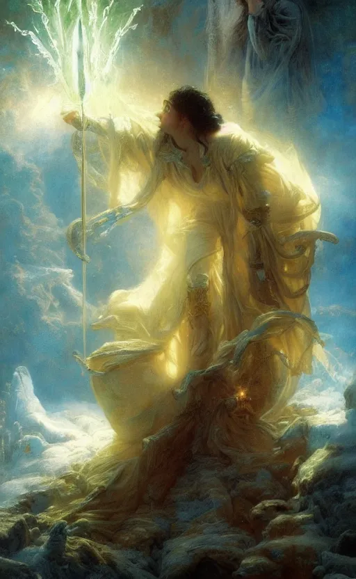 Prompt: wizard casting a powerful frost spell by adrian smith and delphin enjolras and daniel f. gerhartz and pierre auguste cot