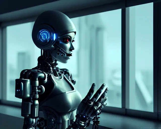 Image similar to portrait of an armored female with biomechanical cybernetic body who is drinking coffee near a window looking outside with dystopian city visible outside. very detailed 8 k. cyberpunk fantasy style. unreal engine render. global illumination. nanite. rtx. path tracing.