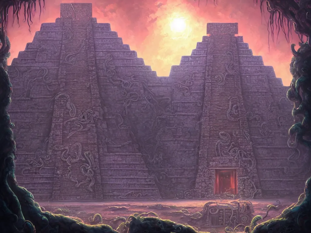 Prompt: A mysterious ancient Mayan temple with tentacles coming out of the massive entrance art by Jordan Grimmer and Tyler Edlin, ominous, cosmic horror, trending on artstation, Ultra detailed, hyper realistic, 4k