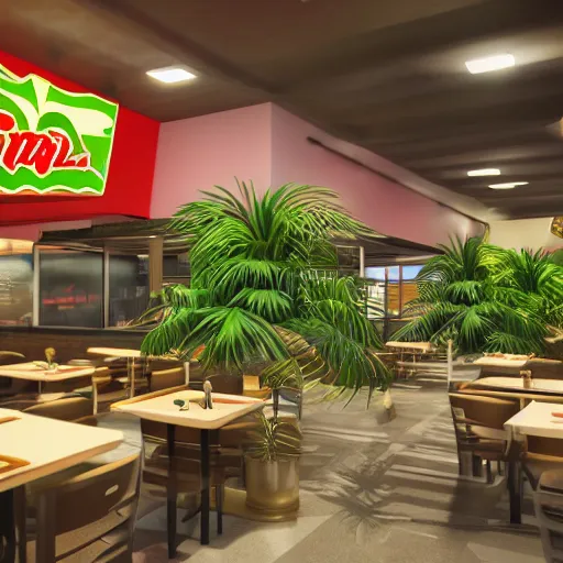 Image similar to fast food restaurant with palm trees, concept art, octane render