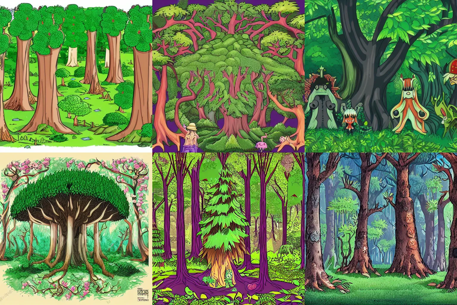 Prompt: a mythical forest with unique trees in the style of One Piece