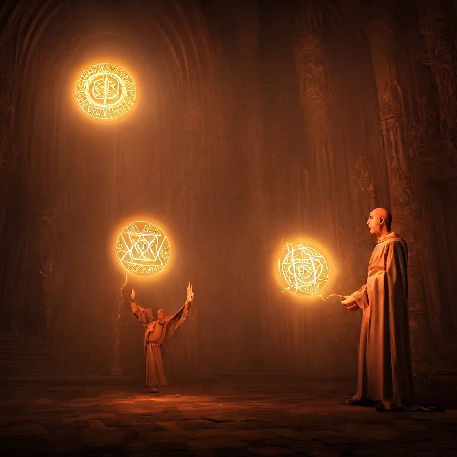 Image similar to an occult priest performs demonic ritual with magic and a glowing sigil in a fantastic temple, volumetric lighting, magical lighting, raytracing, dynamic lights and shadows, photorealistic render, digital art, wallpaper, octane, redshift, hyperdetailed, intricate details