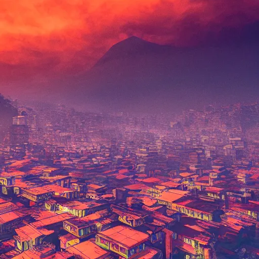 Prompt: a landscape image of kathmandu in a style of cyberpunk, highly detailed, cinematic lighting, hyperrealistic, 4 k, digital art