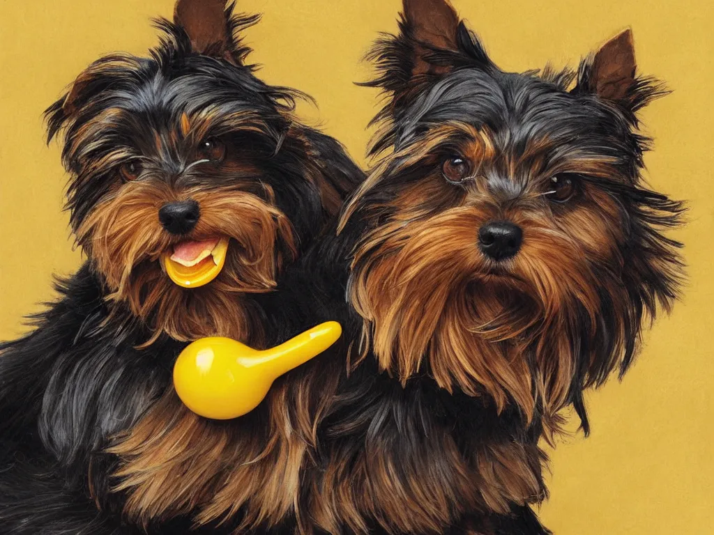 Prompt: portrait of a black and caramel Yorkshire Terrier, playing with a yellow rubber duck, D&D, fantasy, highly detailed, digital painting, artstation, concept art, smooth, sharp focus, illustration, art by artgerm and greg rutkowski and alphonse mucha