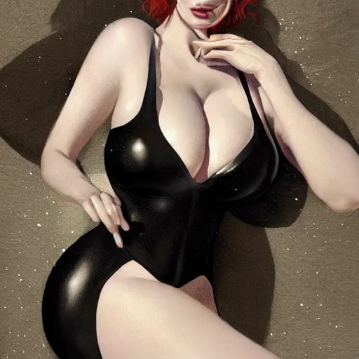 Image similar to christina hendricks in a black swimsuit, intricate, elegant, highly detailed, digital painting, artstation, concept art, smooth, sharp focus, illustration, art by artgerm and greg rutkowski