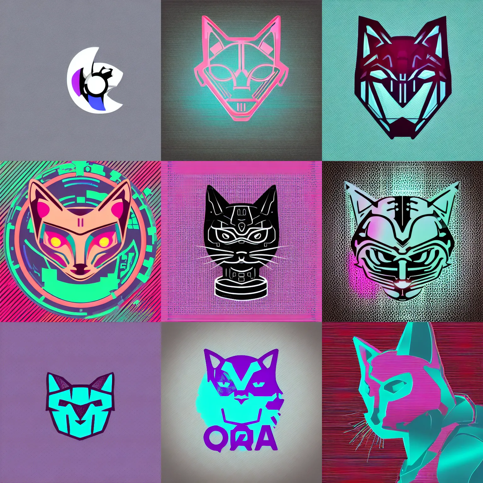 Prompt: a simple shape vector logo of a cyberpunk cat. no textures, ( cyan, pink, blue, purple, orange), space.