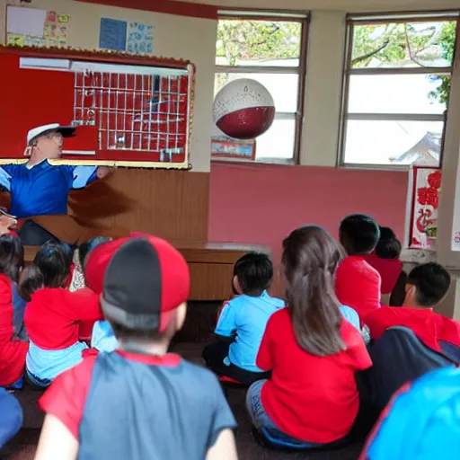 Image similar to fat kazakh guy in a red baseball cap teaching kids in school