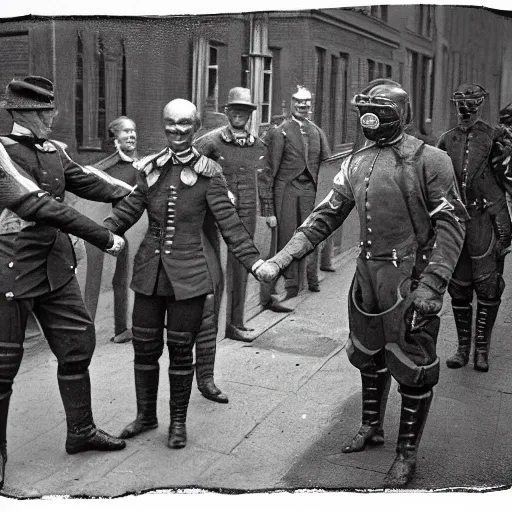 Prompt: grainy 1800s photo of a cybernetic soldier in a city shaking hands with a human