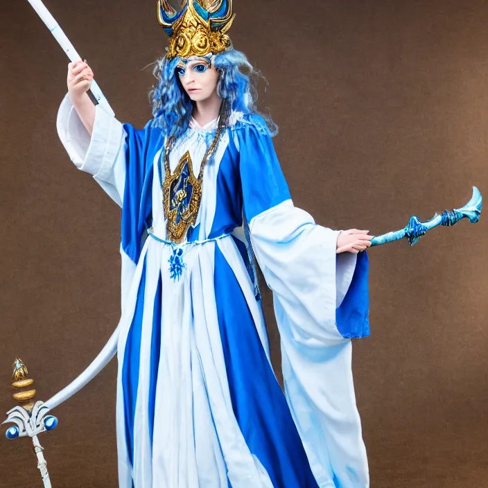 Image similar to photograph of a real - life beautiful elemental sky witch with ornate white and blue robes and staff. extremely detailed. 8 k