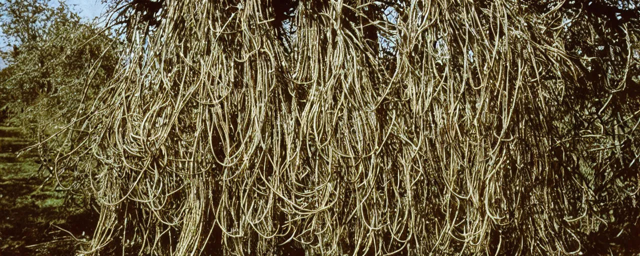 Image similar to wide shot of spaghetti growing on a tree, in a large field, in the style of galen rowell, canon 2 0 mm, photograph, kodachrome