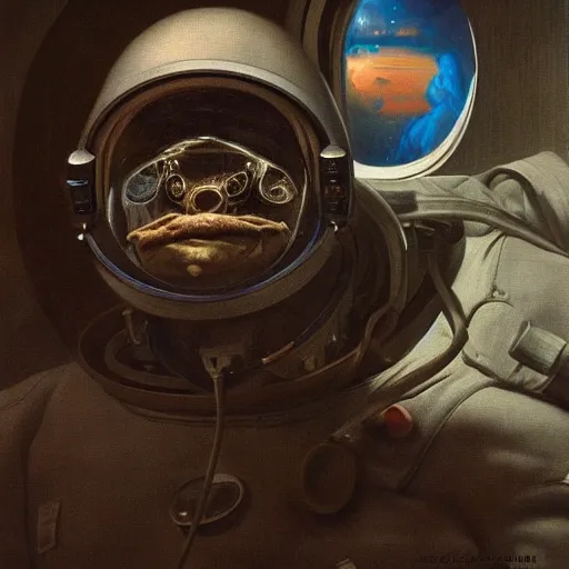Image similar to a melancholy astronaut | highly detailed oil painting, hyperrealistic, very intrincate | cinematic lighting, award - winning | by rachel ruysch, giger, beksinski and bocklin | by austin osman spare and william blake, trending on artstation, cgsociety, official art, octane.