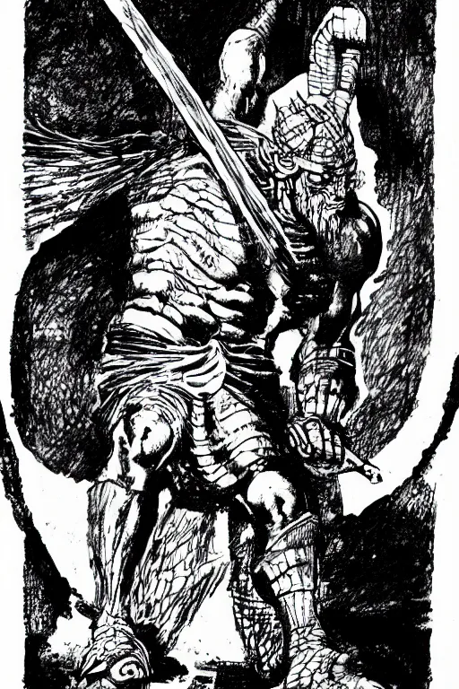 Image similar to ancient historically accurate depiction of the Bible Character Goliath of Gath, the Philistine warrior giant by frank miller