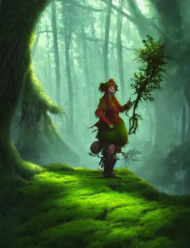 Image similar to herbalist of the moss woods. this air brush painting by the award - winning concept artist has an interesting color scheme, plenty of details and impeccable lighting.