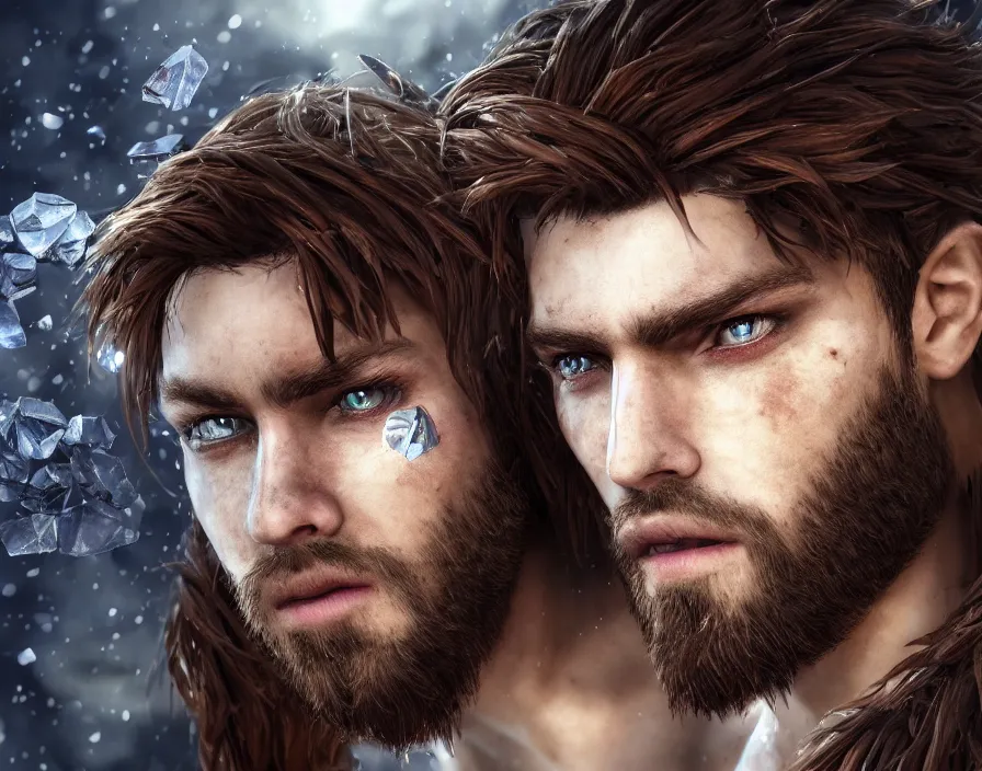 Image similar to male human face with crystal shards, realistic red eyes, brown hair, brown beard, beautiful graphics, fantasy artwork, very beautiful scenery, hd, hdr, ue 5, ue 6, unreal engine 5, cinematic 4 k wallpaper, 8 k, ultra detailed, by popular digital, details, beautiful image ever created, high resolution, artstation, award winning