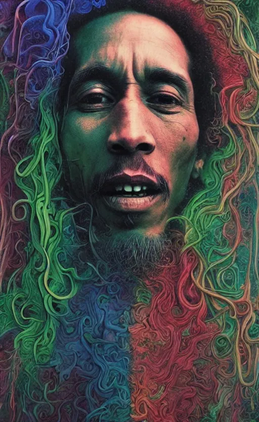 Image similar to colour masterpiece surreal closeup portrait photography of bob marley by miho hirano and annie leibovitz and michael cheval, weird surreal epic psychedelic complex biomorphic 3 d fractal landscape in background by kilian eng and roger dean and salvador dali and beksinski, 8 k