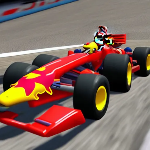 Prompt: Gameplay screenshot of Max Verstappen in Mario Kart, Nintendo, Red Bull