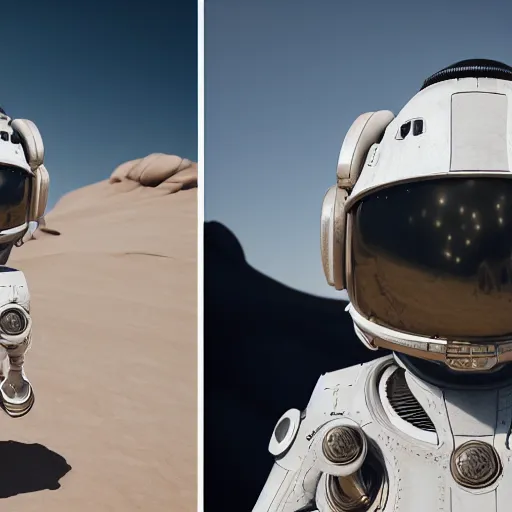 Prompt: portrait photography of a white steampunk space engineer suit, in an desert alien planet, ultra detail, beautiful light, high detail, 8 k, f / 2. 8, octane render