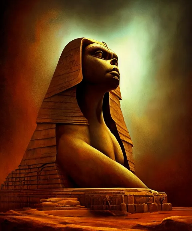 Image similar to epic professional digital art the sphinx, horrific yet beautiful vibe, evocative, atmospheric lighting, painted, intricate, highly detailed, by leesha hannigan, wayne haag, reyna rochin, ignacio fernandez rios, mark ryden, iris van herpen, artstation, cgsociety, stunning, gorgeous, sharp focus, cinematic, masterpiece