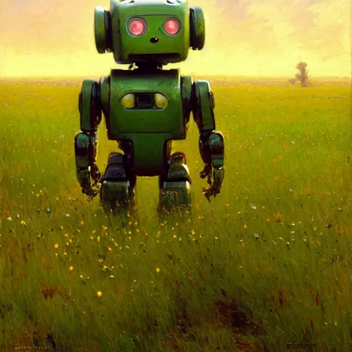 Image similar to detailed cinematic wide shot of a bad robot in a green field, cute, ultra realistic, spring light, painting by gaston bussiere, craig mullins, j. c. leyendecker