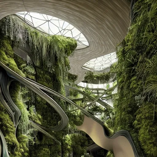 Image similar to a dream about opulent, abandoned overgrown futuristic base on Mars designed by Zaha Hadid, lush plants growing through the glossy floors and walls, walls are covered with moss and vines, beautiful, dusty, golden volumetric light shines through, golden rays fill the space with warmth, rich with epic details, dreamy atmosphere and drama