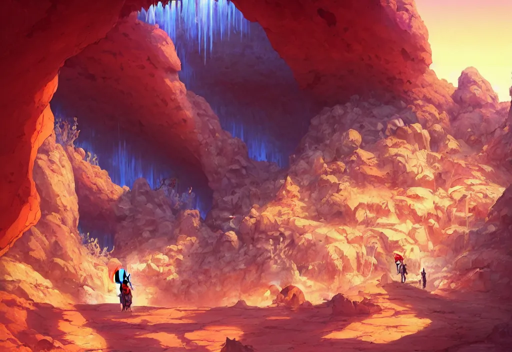 Image similar to a cave entrance in a desert with crystals inside the cave, intricate oil painting, high detail illustration, sharp high detail, manga and anime 1 9 9 9, official fanart behance hd artstation by jesper ejsing and makoto shinkai, 4 k,