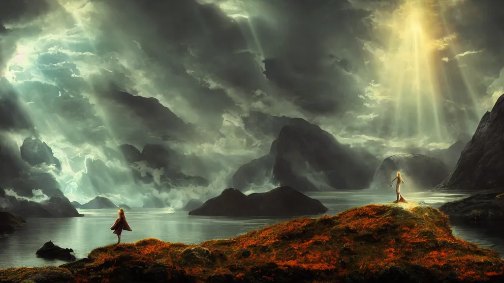 Image similar to wizard, norway fjord, natalie portman, hudson river school, max rive, stormy seas, royal dress, f 1 6, bokeh, gentle, female, snowy, storm clouds, god rays, close up portrait, d & d, fantasy, elegant, teal orange color palette, concept art, roger deakins and greg rutkowski and alphonse mucha