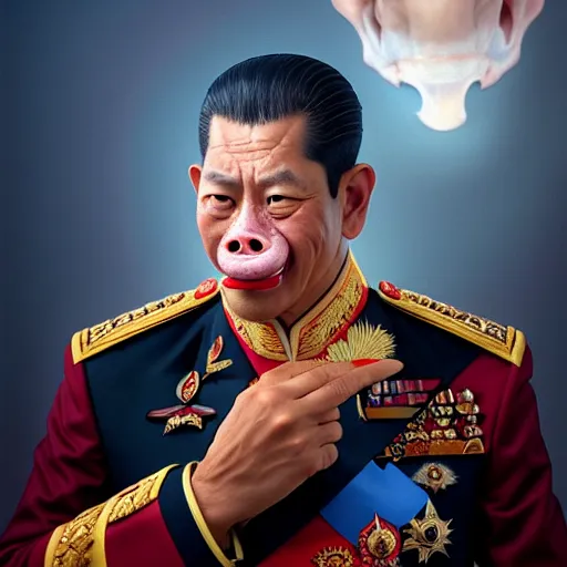 Image similar to a portrait of King Vajiralongkorn picking his nose, realistic face, grimdark extremely detailed fantasy art by Gerald Brom, octane render