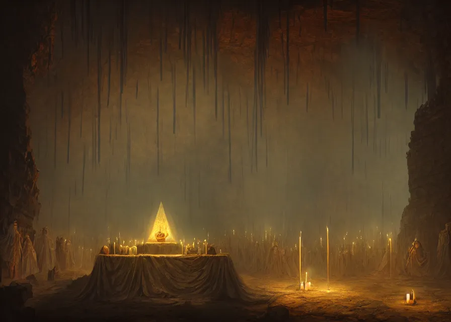 Image similar to dystopian chtonian cult, occult, dark cave, altar, night, candles, marc simonetti, matte painting, 4 k, trending on artstation 4 k,