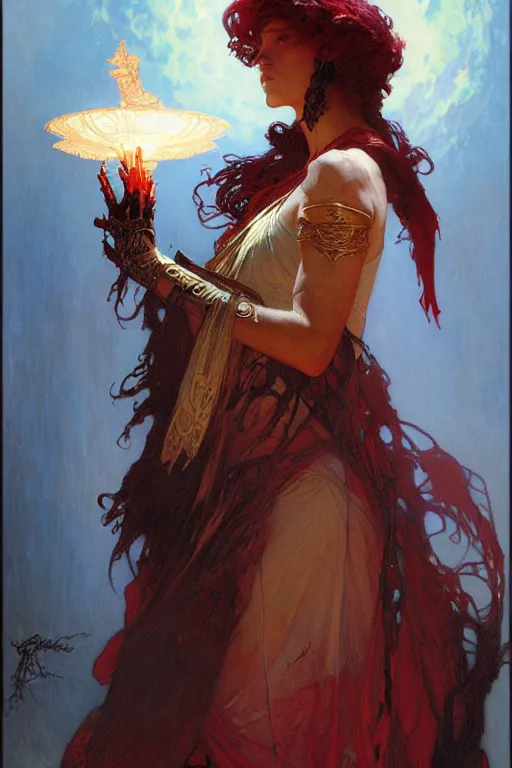 Image similar to scarlet moon sorcerer, character design, painting by gaston bussiere, craig mullins, greg rutkowski, alphonse mucha