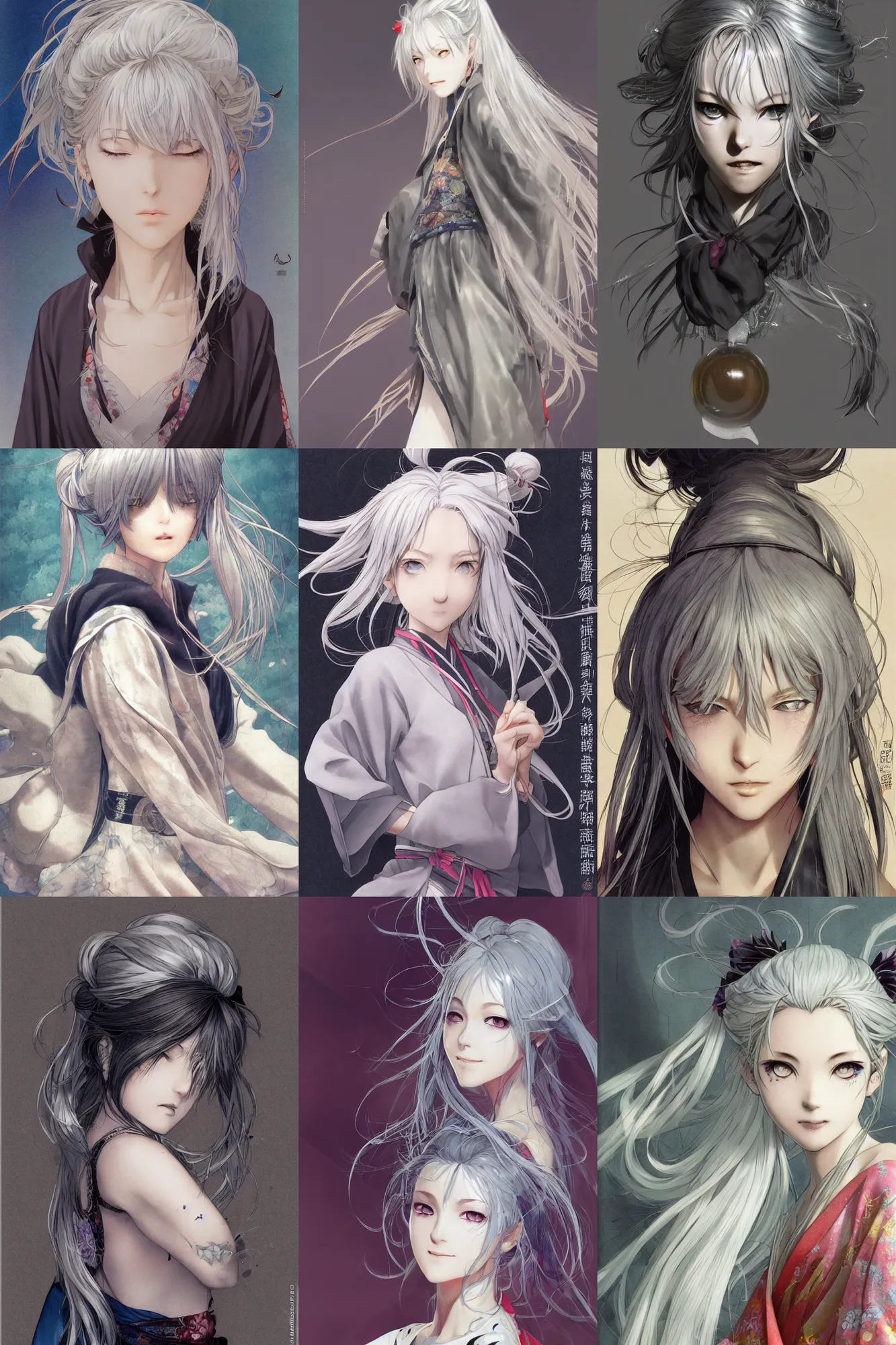 Prompt: girl, silver hair (ponytail), winking, kimono, trending on artstation, detailed, cinematic, full body shot, colorful, ilustration by Takehiko Inoue ((((and Yoann Lossel))))