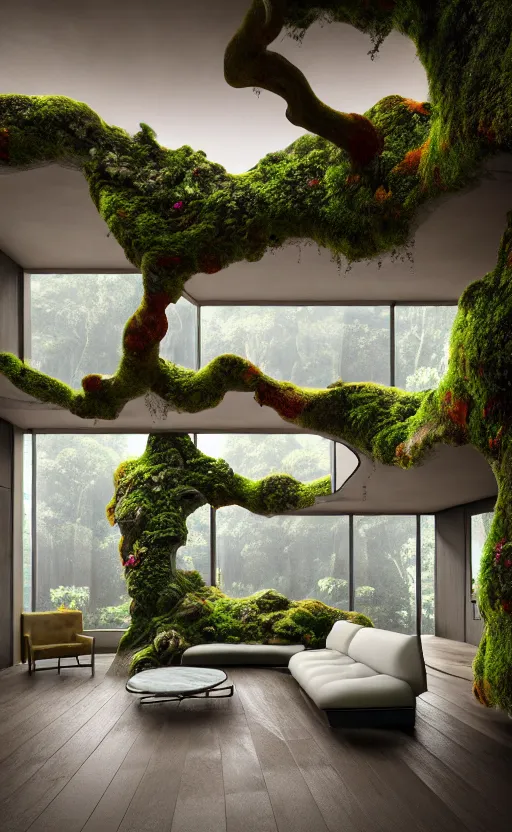 Image similar to highly detailed villa natural beautiful light interior soft cinematic composition of a smooth ceramic porcelain biomorphic magnolia stone nebula fluid sci - fi surreal colorful architecture landscape, furniture, granite, trees, marble, moss, lichen, fungi, vincent callebaut composition, mamou - mani, archviz, 8 k, unreal engine, hdr