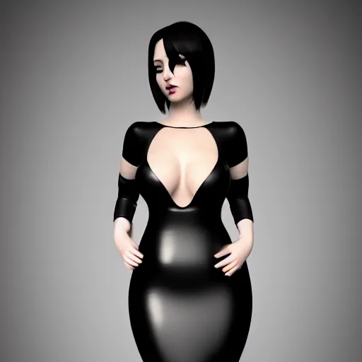 Image similar to curvy feminine goth hottie in a sublime elegant polished black-silver latex neck-high or tube-top floor length gown, thin waist, cgsociety, photorealistic, comfy ambience, idealistic, 16k, smooth, sharp focus, trending on ArtStation, volumetric lighting