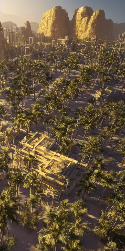 Image similar to eye level view of a contemporary golden detailed babylon tower, fantasy, golden hour, photorealism, arid mountains and palm forest, unreal engine