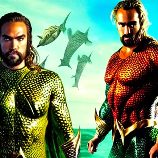 Image similar to aquaman with the face of Nicholas Cage, ocean, cinematic, HD