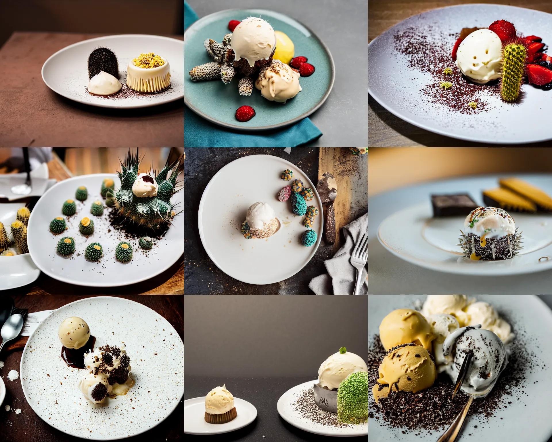 Prompt: a fine dining dessert plate of spiky cactus and ice cream, sugar sprinkled, food photography, michelin star, fine dining, bokeh