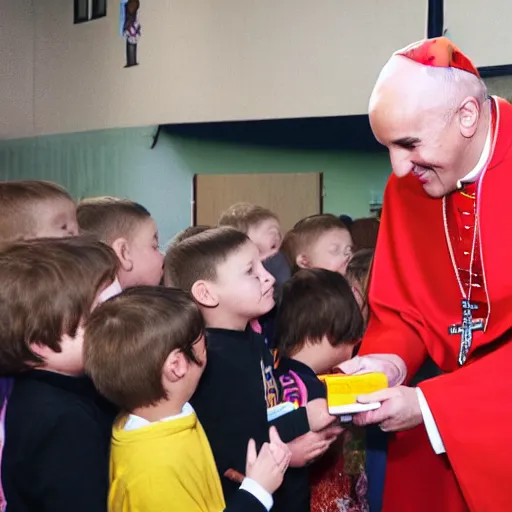 Image similar to The bald pope giving candy to children in a kindergarden