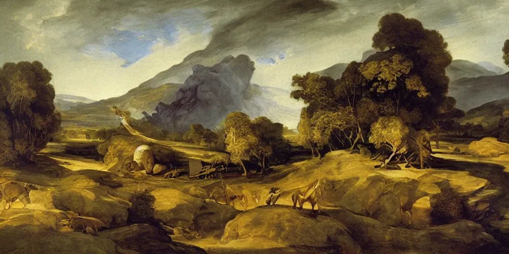 Image similar to detailed oil painting of a pipe organ attacking the countryside by Asher Brown Durand and alan lee and goya