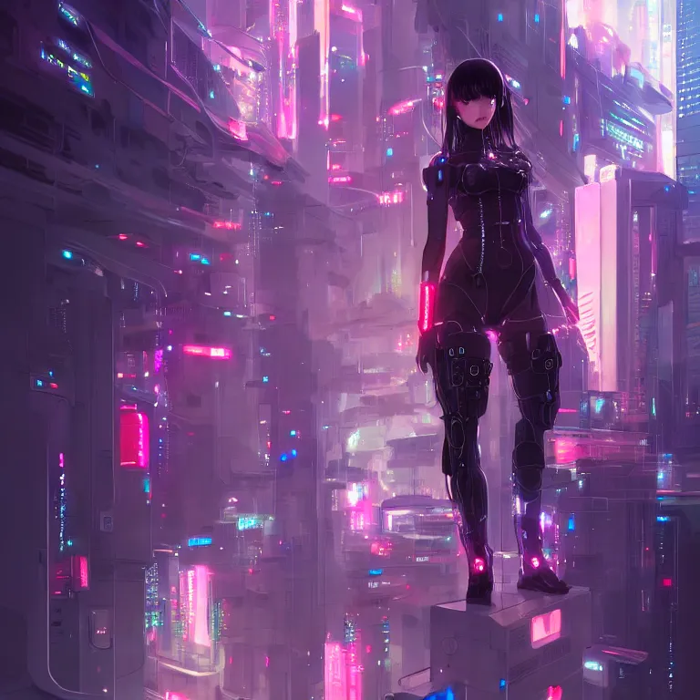 Image similar to anime visual of portrait futuristic cyber warrior girl, in future cyberpunk tokyo rooftop, ssci - fi, fantasy, intricate, very very beautiful, elegant, neon light, highly detailed, digital painting, artstation, concept art, smooth, sharp focus, illustration, art by tian zi and wlop and alphonse mucha