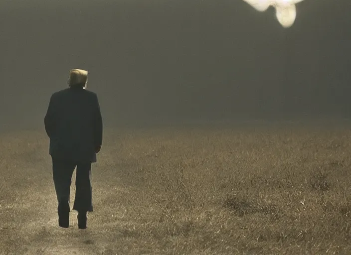 Image similar to screenshot from moody scene of Donald Trump entering the zone, scene from the film Stalker 1979 film directed by andrei tarkovsky, kodak film stock, anamorphic lens, 4K, film grain, detailed, stunning cinematography