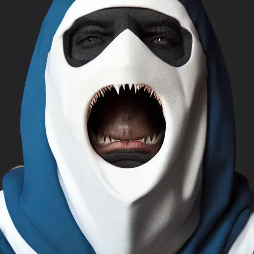 Image similar to a highly detailed, portrait of a man with black hair with a black medical mask, in a hood in the form of a blue shark with white teeth, artstation, DeviantArt, professional, octane render, digital art