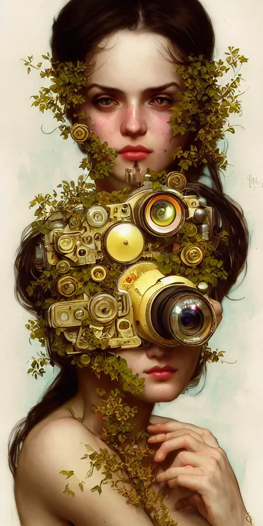 Image similar to hyper realistic photographer looking through a vintage medium format camera, design on white background, beautiful details, lush foliage cyberpunk, gold, drawn by john singer sargent, tom bagshaw, norman rockwell, alphonso mucha, lolish, trending on artstation