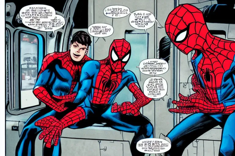 Prompt: spider man and spider man sitting in a train talking about the new marvel movie, as a panel of a Marvel comic